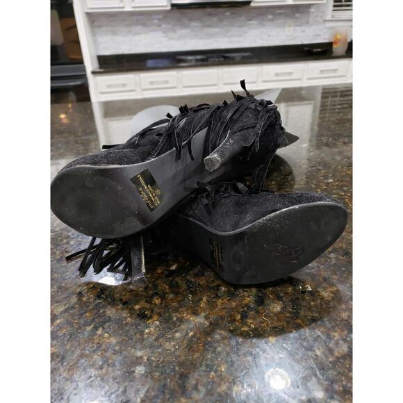 Forever Fringe Booties Women's 7.5 Black Suede Round Toe Stiletto Heel Side Zip - Picture 4 of 15